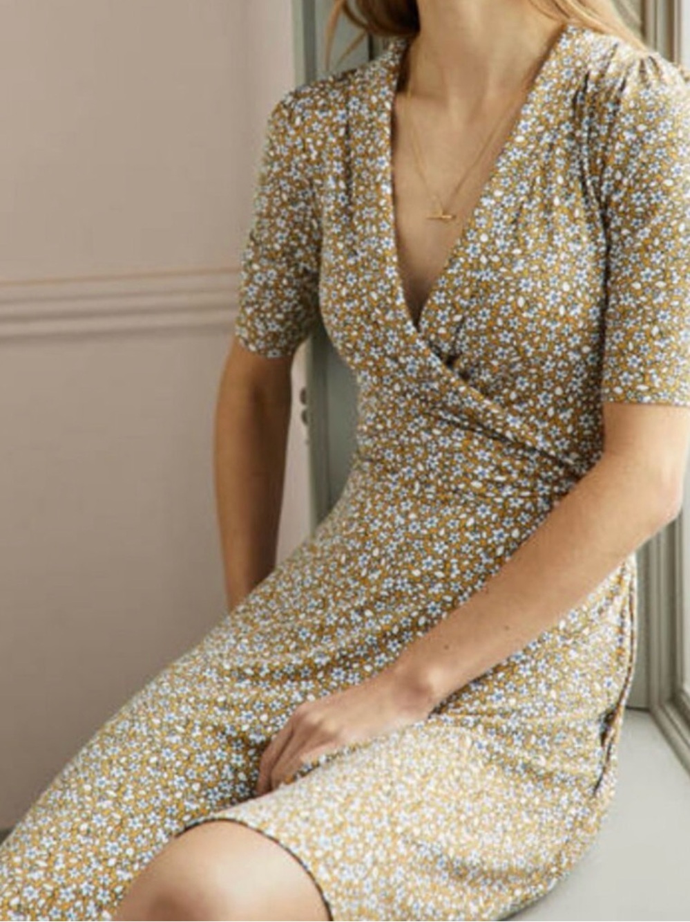 Boden Floral Fixed Wrap Midi Dress in Mustard 12R (US)